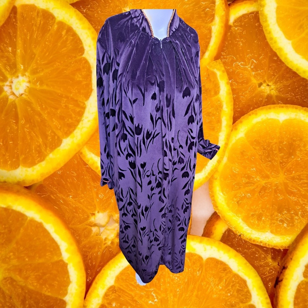 Jasmine Rose‎ Velvet Robe Floral Print Long Sleeve Purple S/P